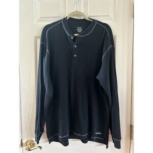 Cabelas Thermal Henley Mens Large Black Waffle Knit Long Sleeve Cotton